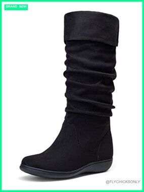 Suede Slouch Knee High Flat Boots Pull On Round Toe Comfort